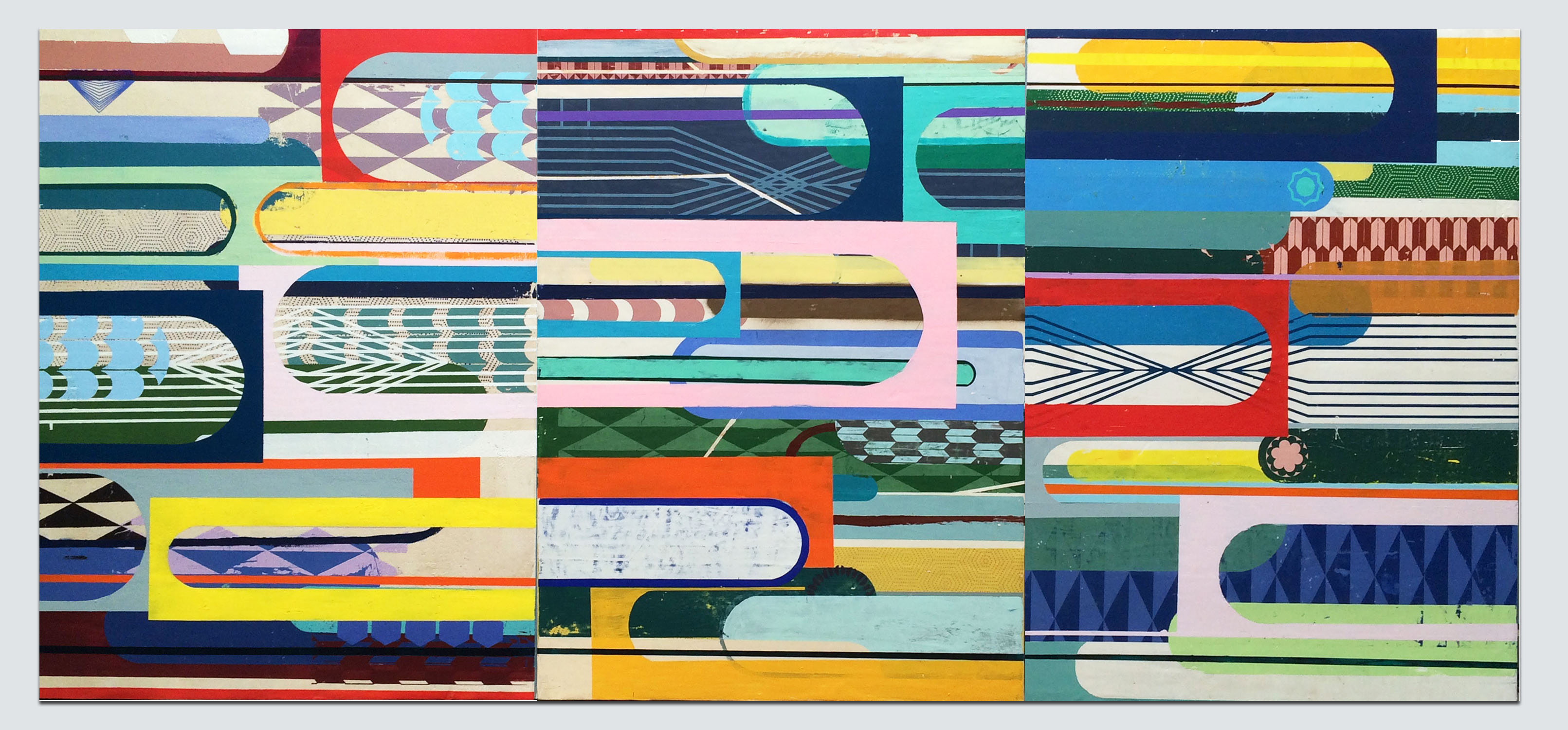 "Slipstream,” Fresco ,oil, spray paint and acrylic on canvas over panel 3' x 3'