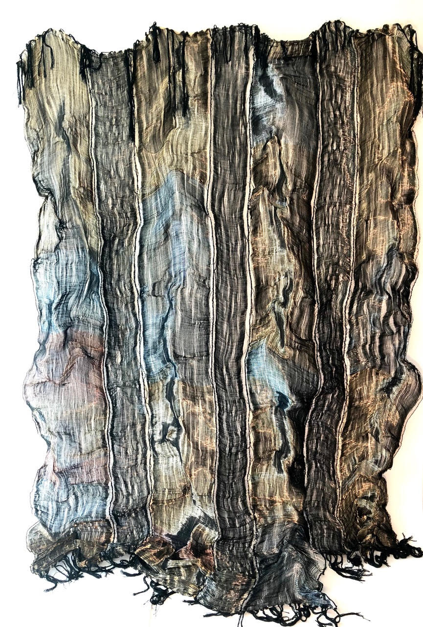 "Repetitive Stillness III,” Loom woven fiber, brass, steel and copper wire 100" x 60"